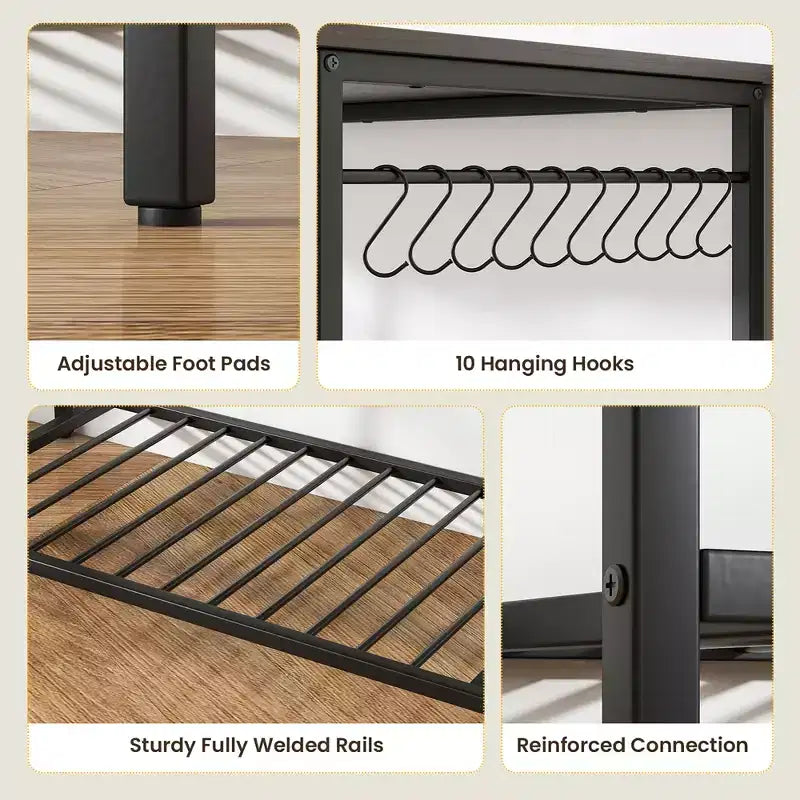 Costway Kitchen Island with 3 Shelves, Industrial Kitchen Counter w/ Glass Holders & 10 Hooks, 3 Tier Kitchen Shelf w/ Heavy Duty Metal Frame