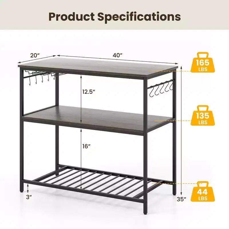 Costway Kitchen Island with 3 Shelves, Industrial Kitchen Counter w/ Glass Holders & 10 Hooks, 3 Tier Kitchen Shelf w/ Heavy Duty Metal Frame