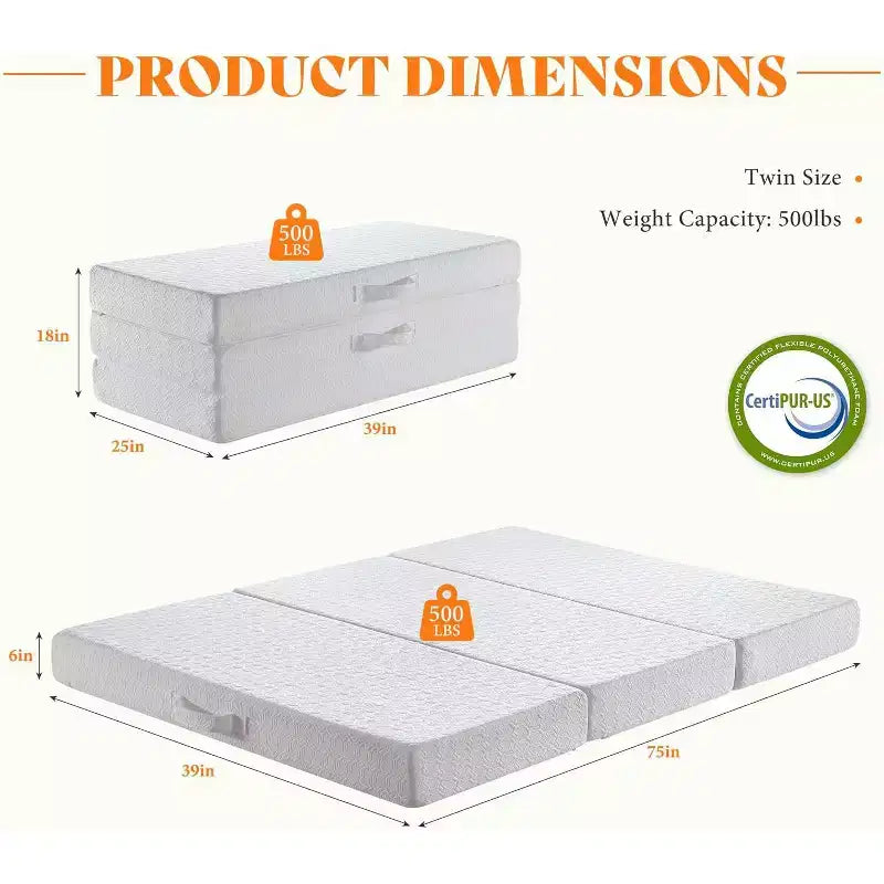 AMERLIFE 6 Inch Tri-Fold Memory Foam Mattress with Removable Washable Cover, for Guests, Camping, Dorm & Travel, White