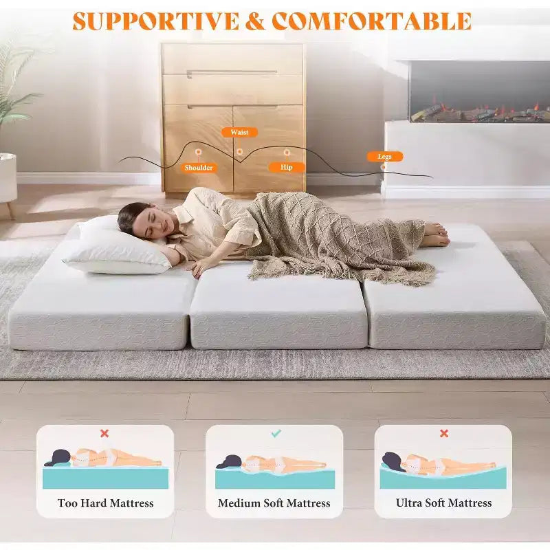 AMERLIFE 6 Inch Tri-Fold Memory Foam Mattress with Removable Washable Cover, for Guests, Camping, Dorm & Travel, White