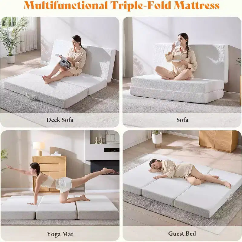 AMERLIFE 6 Inch Tri-Fold Memory Foam Mattress with Removable Washable Cover, for Guests, Camping, Dorm & Travel, White