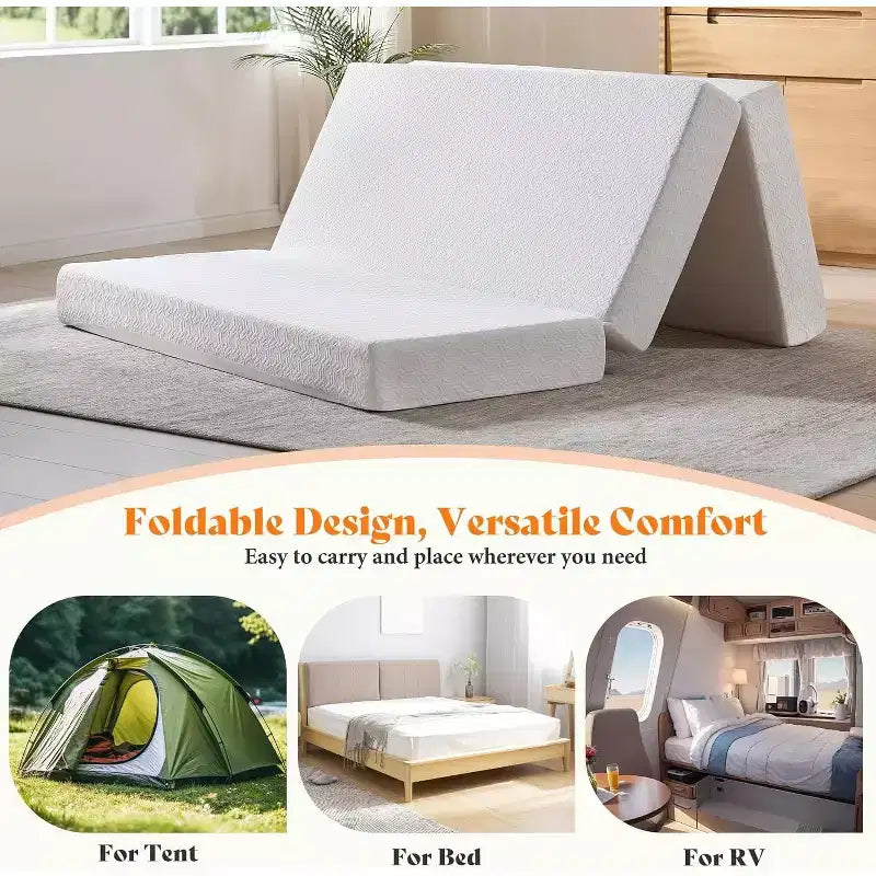 AMERLIFE 6 Inch Tri-Fold Memory Foam Mattress with Removable Washable Cover, for Guests, Camping, Dorm & Travel, White