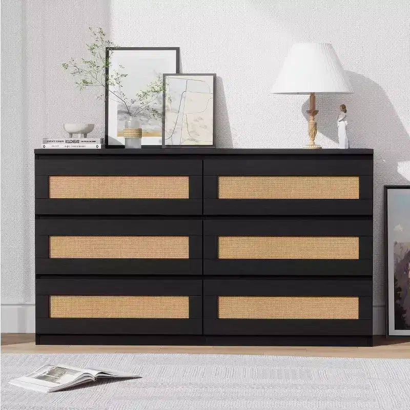 Modern Rattan 6-Drawer Dresser, Slim Black Storage Organizer for Bedroom Living Room Entryway, Freestanding Cabinet with Metal Handles