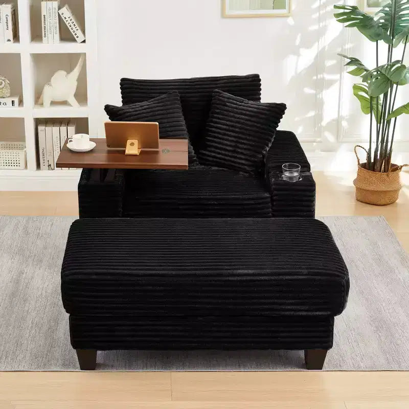 GDFStudio Siesta 42 Modern Corduroy Chair with Ottoman and Hidden Swivel Table