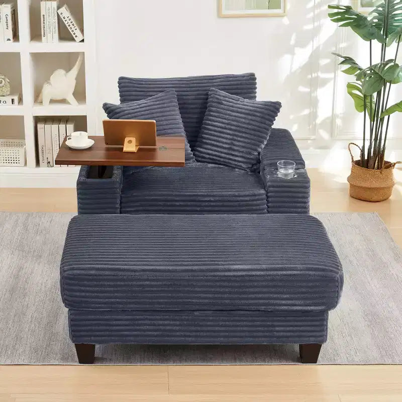 GDFStudio Siesta 42 Modern Corduroy Chair with Ottoman and Hidden Swivel Table