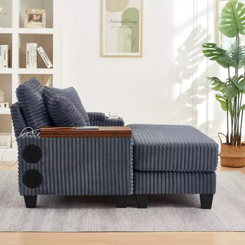GDFStudio Siesta 42 Modern Corduroy Chair with Ottoman and Hidden Swivel Table