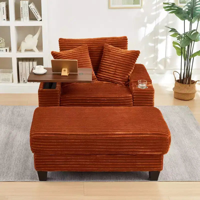 GDFStudio Siesta 42 Modern Corduroy Chair with Ottoman and Hidden Swivel Table