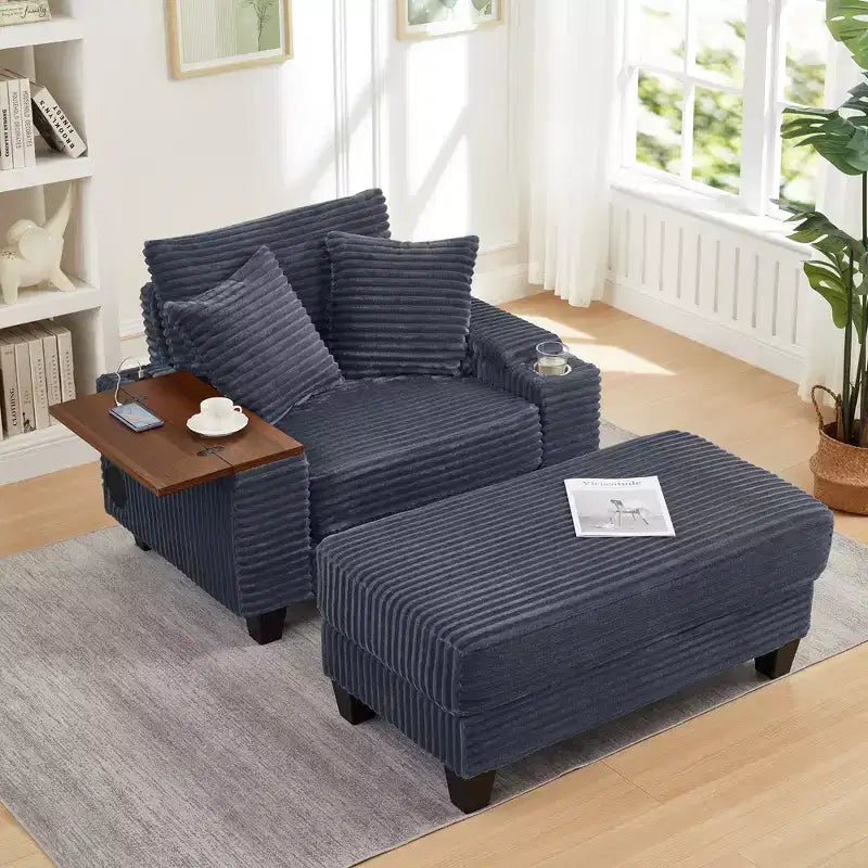 GDFStudio Siesta 42 Modern Corduroy Chair with Ottoman and Hidden Swivel Table
