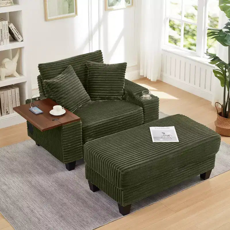 GDFStudio Siesta 42 Modern Corduroy Chair with Ottoman and Hidden Swivel Table