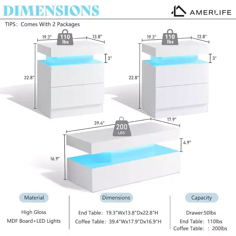 AMERLIFE 3 Pieces Modern High Gloss Living Room Table Set with LED Light and Storage, 2 End Side Tables with Charging Station for Living Room