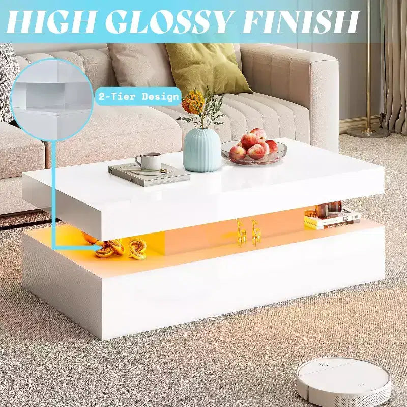 AMERLIFE 3 Pieces Modern High Gloss Living Room Table Set with LED Light and Storage, 2 End Side Tables with Charging Station for Living Room