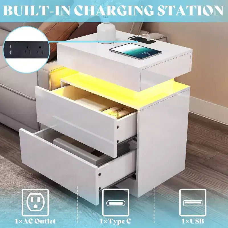 AMERLIFE 3 Pieces Modern High Gloss Living Room Table Set with LED Light and Storage, 2 End Side Tables with Charging Station for Living Room