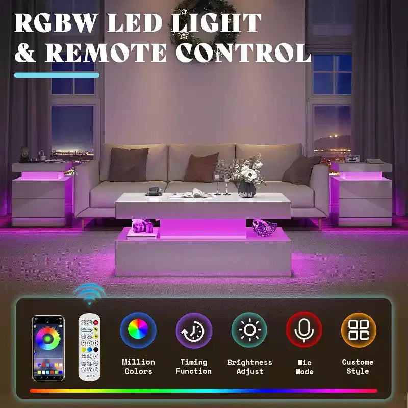 AMERLIFE 3 Pieces Modern High Gloss Living Room Table Set with LED Light and Storage, 2 End Side Tables with Charging Station for Living Room