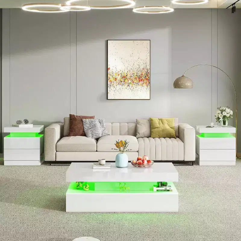 AMERLIFE 3 Pieces Modern High Gloss Living Room Table Set with LED Light and Storage, 2 End Side Tables with Charging Station for Living Room