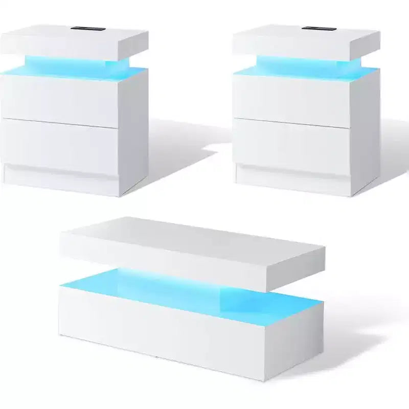 AMERLIFE 3 Pieces Modern High Gloss Living Room Table Set with LED Light and Storage, 2 End Side Tables with Charging Station for Living Room