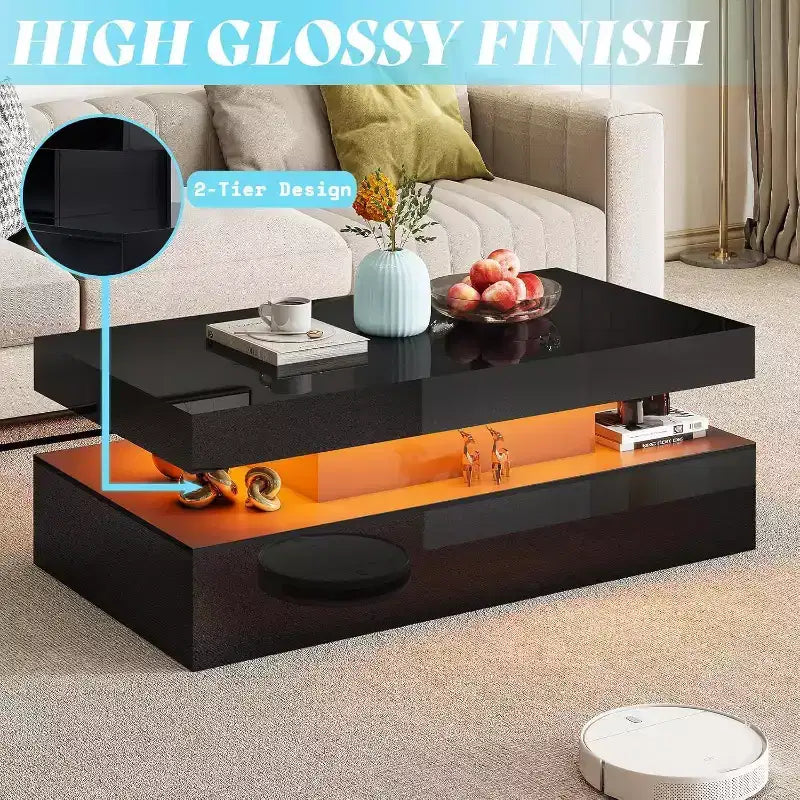 AMERLIFE 3 Pieces Modern High Gloss Living Room Table Set with LED Light and Storage, 2 End Side Tables with Charging Station for Living Room