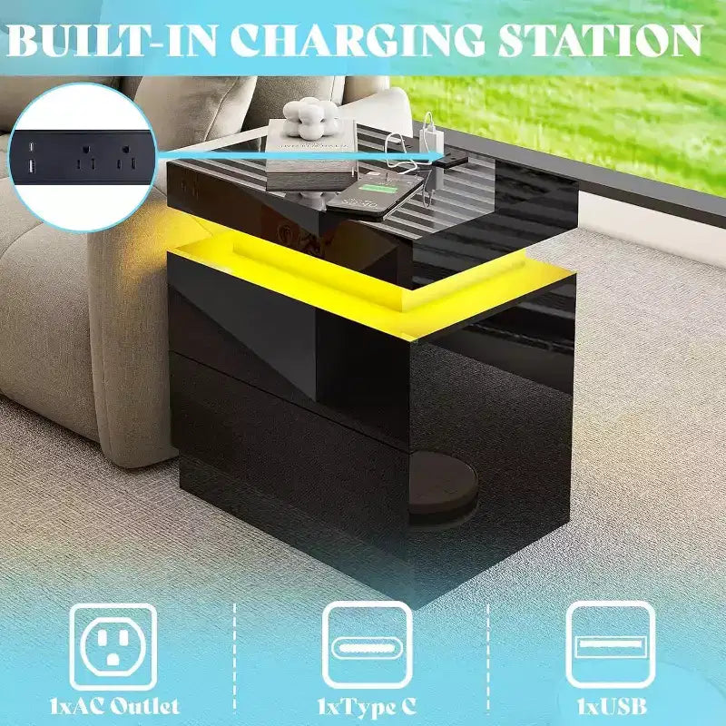 AMERLIFE 3 Pieces Modern High Gloss Living Room Table Set with LED Light and Storage, 2 End Side Tables with Charging Station for Living Room