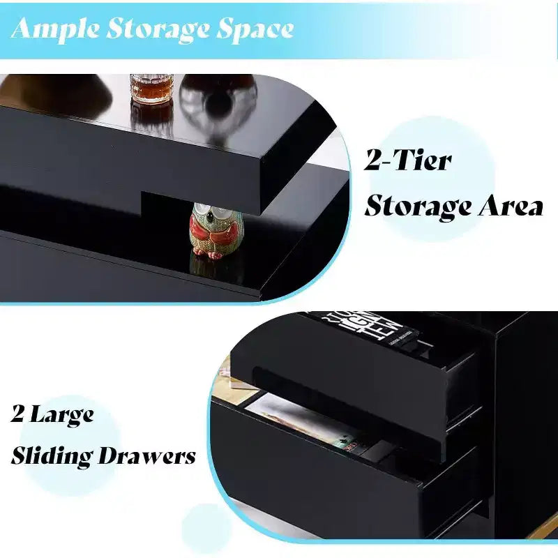 AMERLIFE 3 Pieces Modern High Gloss Living Room Table Set with LED Light and Storage, 2 End Side Tables with Charging Station for Living Room