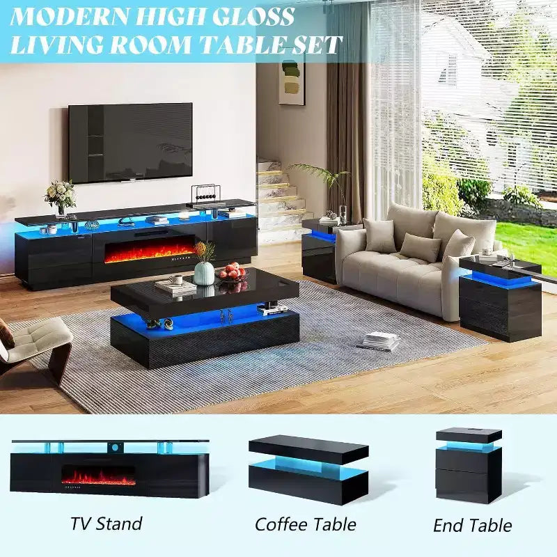AMERLIFE 3 Pieces Modern High Gloss Living Room Table Set with LED Light and Storage, 2 End Side Tables with Charging Station for Living Room