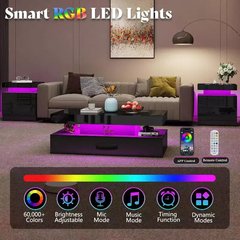 AMERLIFE 3 Pieces Modern High Gloss Living Room Table Set with LED Light and Storage, 2 End Side Tables with Charging Station for Living Room