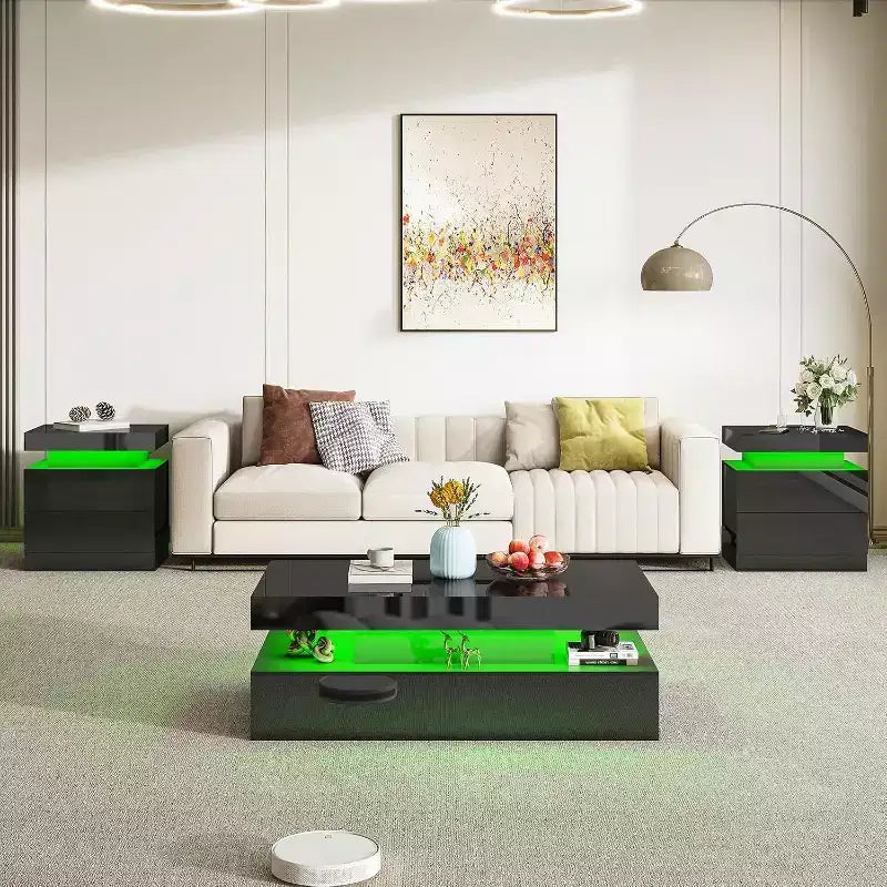 AMERLIFE 3 Pieces Modern High Gloss Living Room Table Set with LED Light and Storage, 2 End Side Tables with Charging Station for Living Room