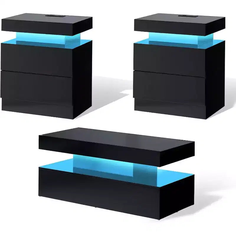 AMERLIFE 3 Pieces Modern High Gloss Living Room Table Set with LED Light and Storage, 2 End Side Tables with Charging Station for Living Room