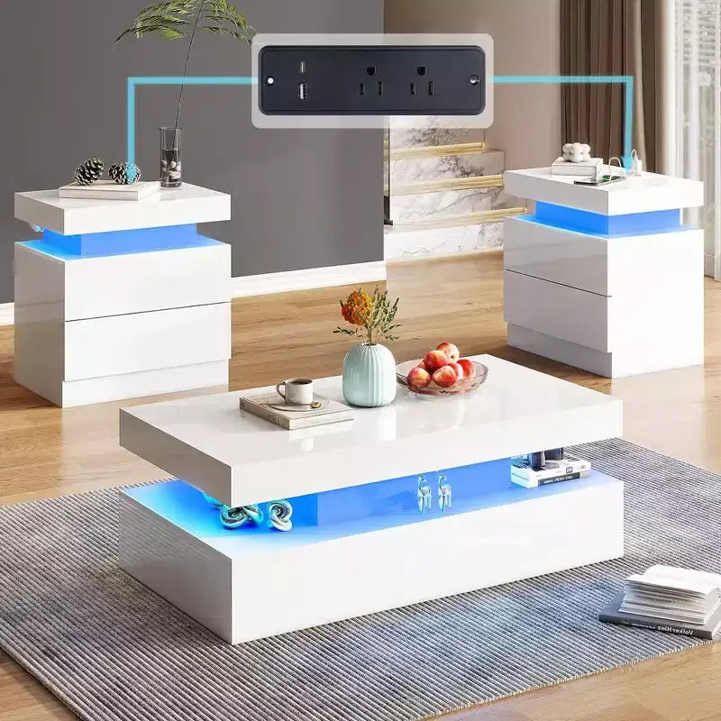AMERLIFE 3 Pieces Modern High Gloss Living Room Table Set with LED Light and Storage, 2 End Side Tables with Charging Station for Living Room