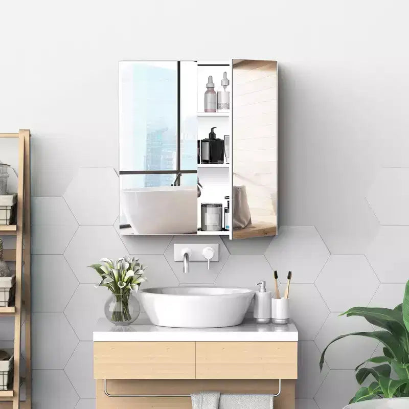 Bathroom Mirrored Cabinet, 24x26 Stainless Steel Frame Medicine Cabinet, Wall-Mounted Storage Organizer with Double Doors