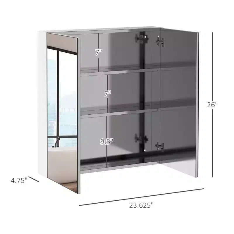 Bathroom Mirrored Cabinet, 24x26 Stainless Steel Frame Medicine Cabinet, Wall-Mounted Storage Organizer with Double Doors