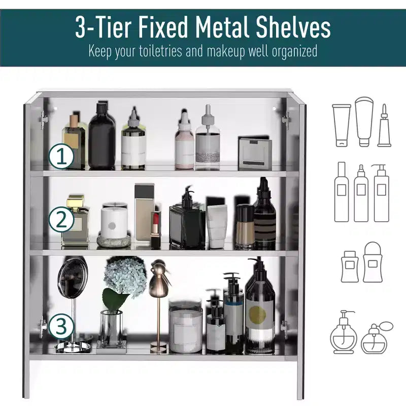 Bathroom Mirrored Cabinet, 24x26 Stainless Steel Frame Medicine Cabinet, Wall-Mounted Storage Organizer with Double Doors
