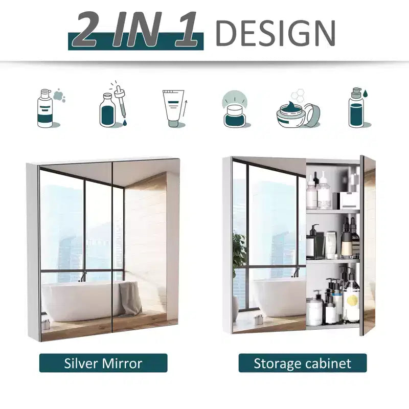 Bathroom Mirrored Cabinet, 24x26 Stainless Steel Frame Medicine Cabinet, Wall-Mounted Storage Organizer with Double Doors