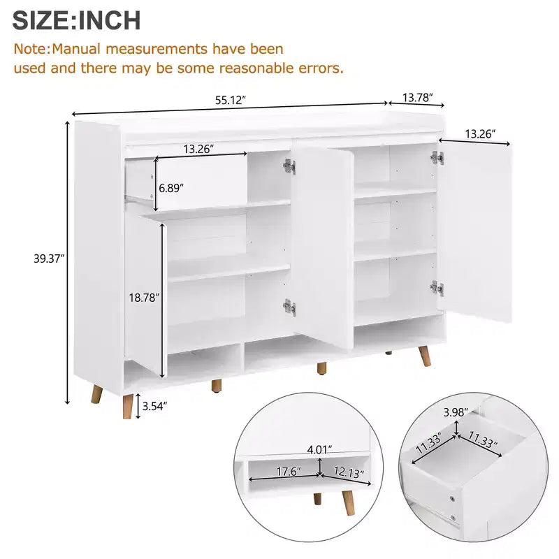 MAYEERTY Sleek Contemporary Shoe Cabinet with Adjustable Shelves, Solid Wood Legs Storage Sideboard, White