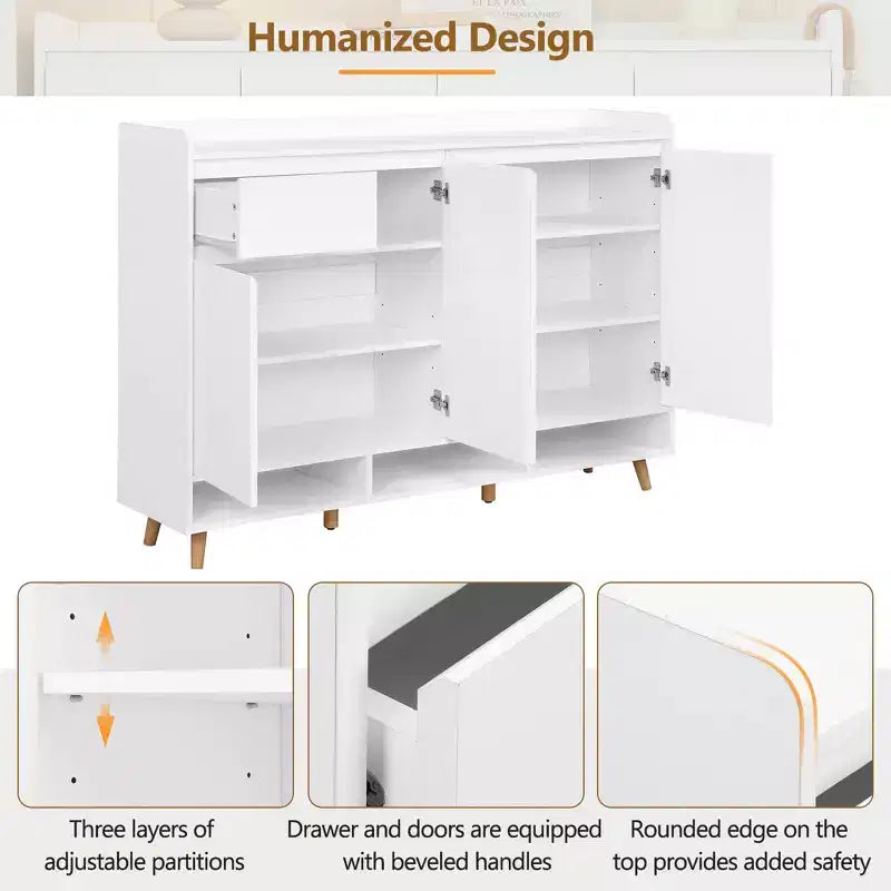 MAYEERTY Sleek Contemporary Shoe Cabinet with Adjustable Shelves, Solid Wood Legs Storage Sideboard, White