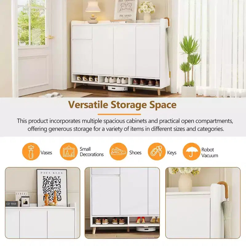 MAYEERTY Sleek Contemporary Shoe Cabinet with Adjustable Shelves, Solid Wood Legs Storage Sideboard, White