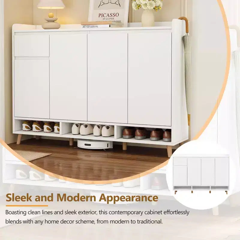 MAYEERTY Sleek Contemporary Shoe Cabinet with Adjustable Shelves, Solid Wood Legs Storage Sideboard, White