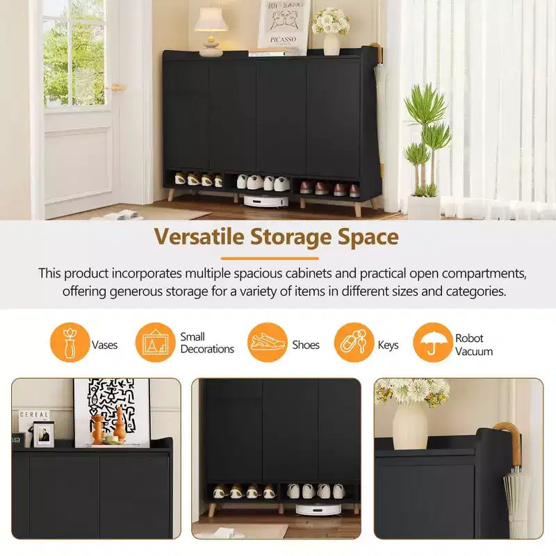 MAYEERTY Sleek Contemporary Shoe Cabinet with Adjustable Shelves, Solid Wood Legs Storage Sideboard, White