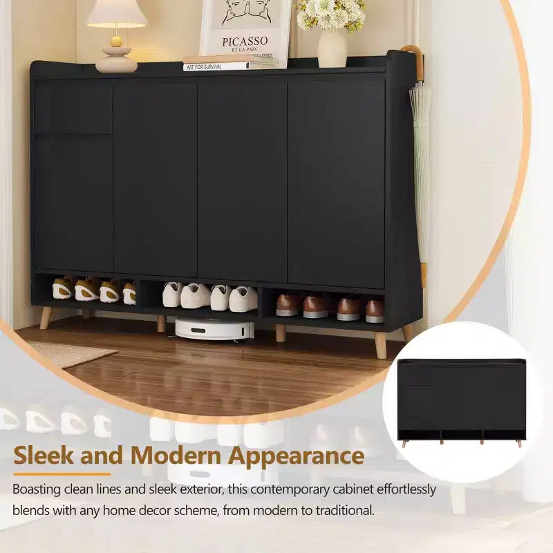 MAYEERTY Sleek Contemporary Shoe Cabinet with Adjustable Shelves, Solid Wood Legs Storage Sideboard, White