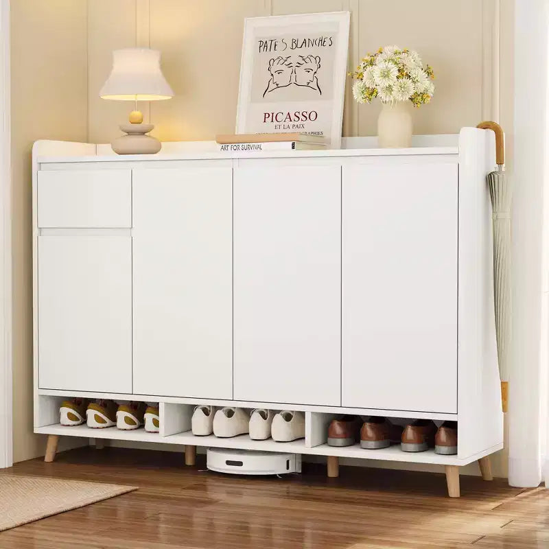 MAYEERTY Sleek Contemporary Shoe Cabinet with Adjustable Shelves, Solid Wood Legs Storage Sideboard, White