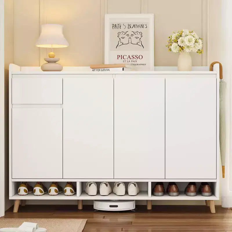 MAYEERTY Sleek Contemporary Shoe Cabinet with Adjustable Shelves, Solid Wood Legs Storage Sideboard, White