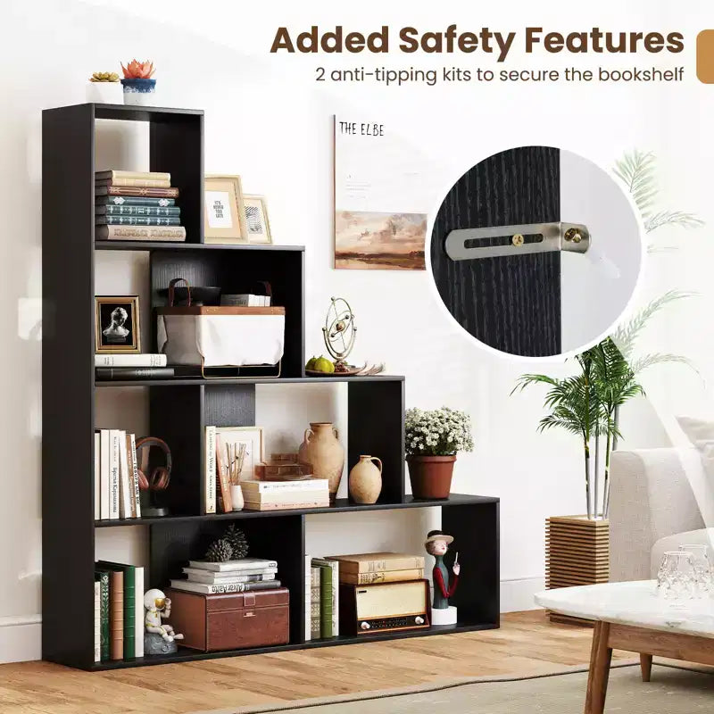 Costway 4-Tier Bookshelf w/ 6 Storage Cubes 64 Tall Modern Geometric Stair Bookcase