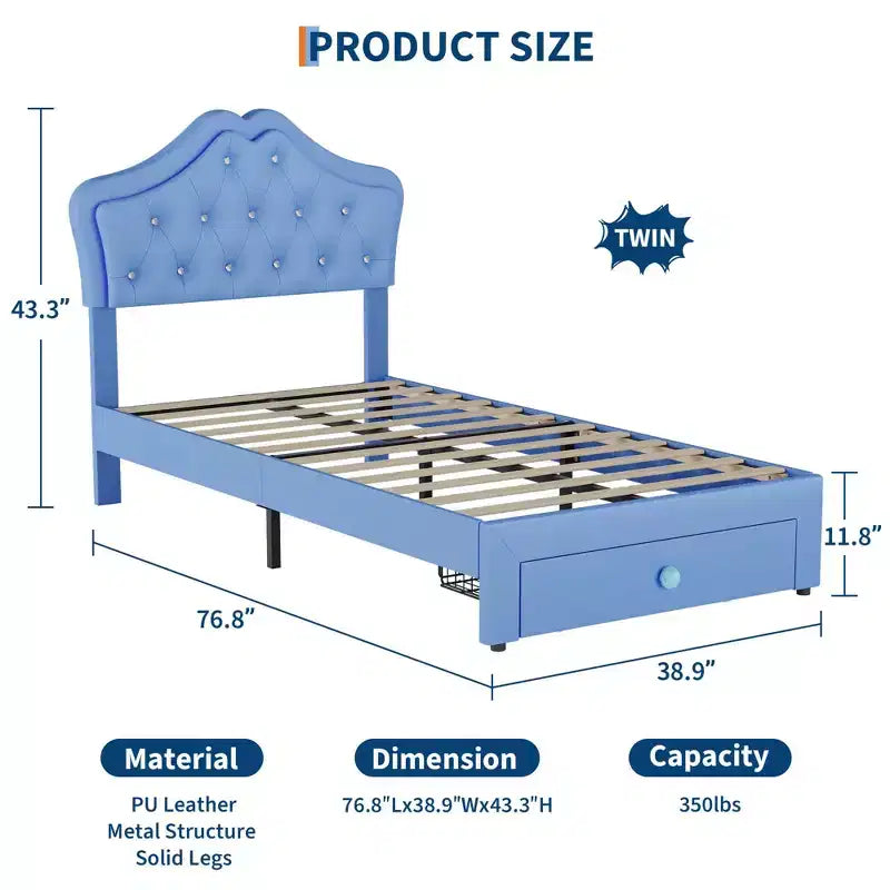 Bed Frame with LED Lights & Velvet Crystal Button Headboard, Upholstered Bed with Storage Drawer, Noise Free, No Box Spring Needed for Kids, Teens