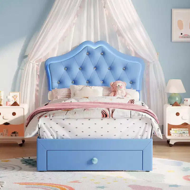Bed Frame with LED Lights & Velvet Crystal Button Headboard, Upholstered Bed with Storage Drawer, Noise Free, No Box Spring Needed for Kids, Teens