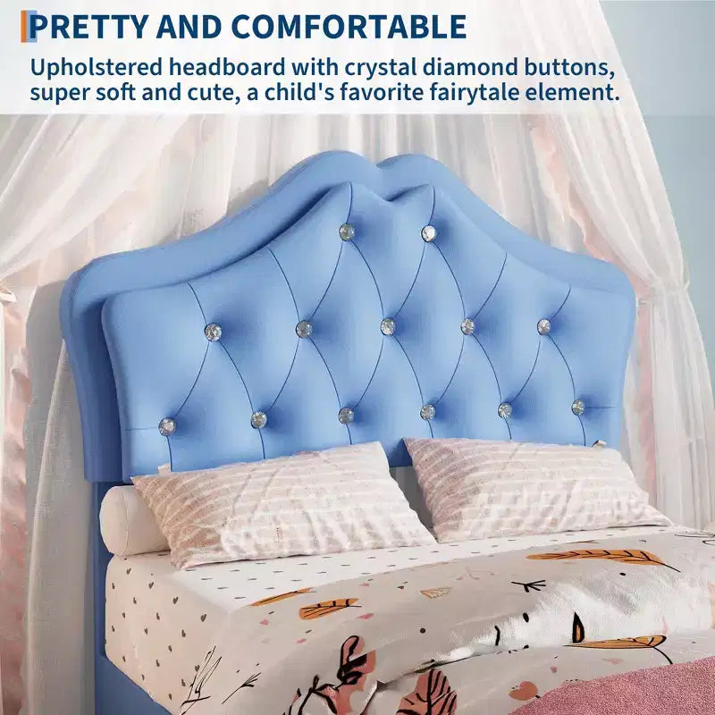 Bed Frame with LED Lights & Velvet Crystal Button Headboard, Upholstered Bed with Storage Drawer, Noise Free, No Box Spring Needed for Kids, Teens