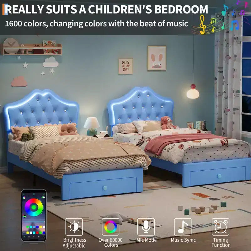 Bed Frame with LED Lights & Velvet Crystal Button Headboard, Upholstered Bed with Storage Drawer, Noise Free, No Box Spring Needed for Kids, Teens