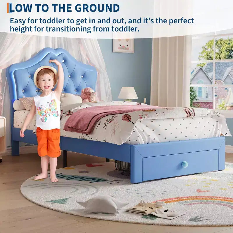 Bed Frame with LED Lights & Velvet Crystal Button Headboard, Upholstered Bed with Storage Drawer, Noise Free, No Box Spring Needed for Kids, Teens