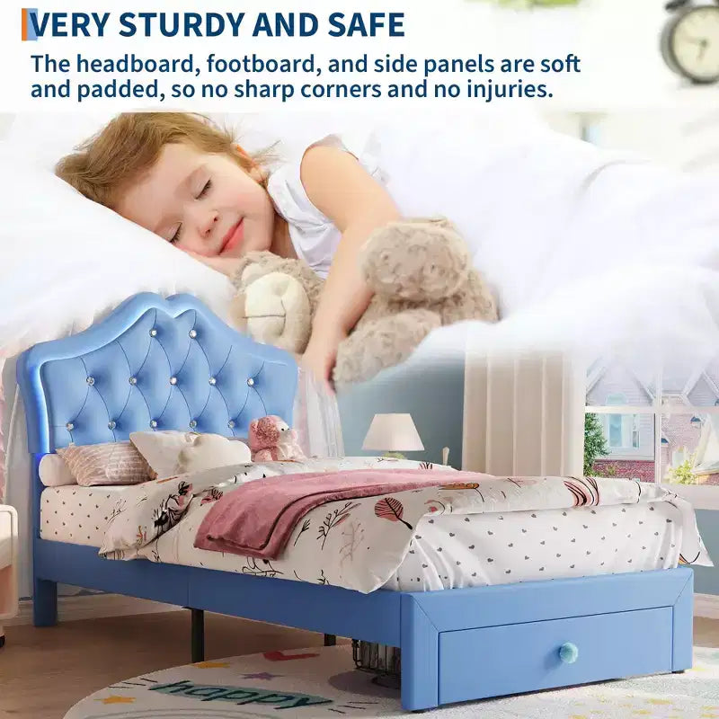 Bed Frame with LED Lights & Velvet Crystal Button Headboard, Upholstered Bed with Storage Drawer, Noise Free, No Box Spring Needed for Kids, Teens