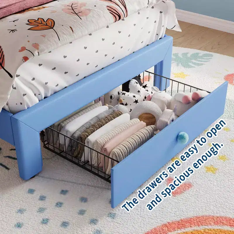 Bed Frame with LED Lights & Velvet Crystal Button Headboard, Upholstered Bed with Storage Drawer, Noise Free, No Box Spring Needed for Kids, Teens