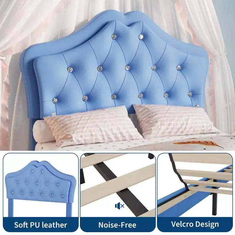 Bed Frame with LED Lights & Velvet Crystal Button Headboard, Upholstered Bed with Storage Drawer, Noise Free, No Box Spring Needed for Kids, Teens