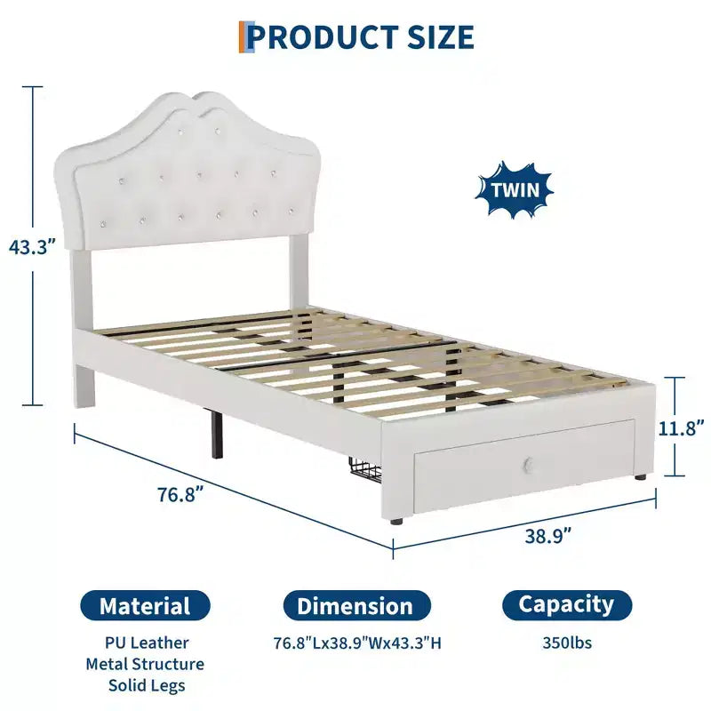 Bed Frame with LED Lights & Velvet Crystal Button Headboard, Upholstered Bed with Storage Drawer, Noise Free, No Box Spring Needed for Kids, Teens