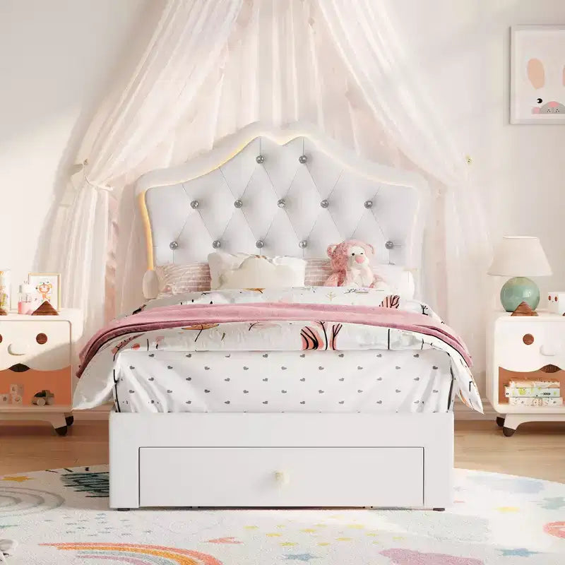 Bed Frame with LED Lights & Velvet Crystal Button Headboard, Upholstered Bed with Storage Drawer, Noise Free, No Box Spring Needed for Kids, Teens